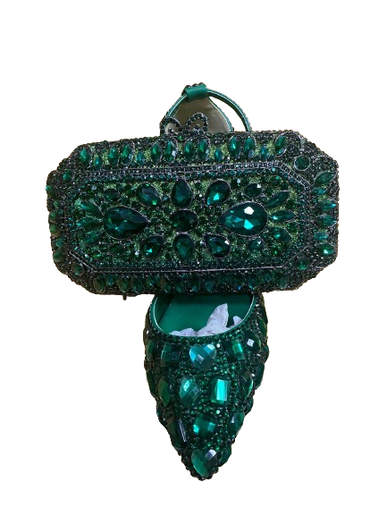 green crystal shoe and bag