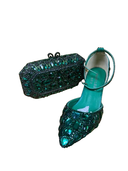 green crystal shoe and bag